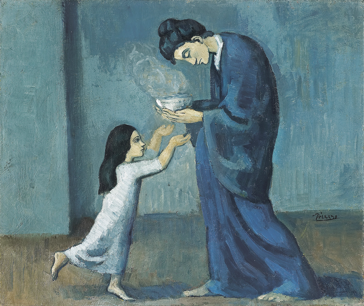 Pintura. Em tons de azul, uma mulher adulta de longa bata está de pé com a cabeça curvada e segura uma tigela com as duas mãos diante de uma criança de vestido longo e de pé estendendo os braços em direção ao recipiente.