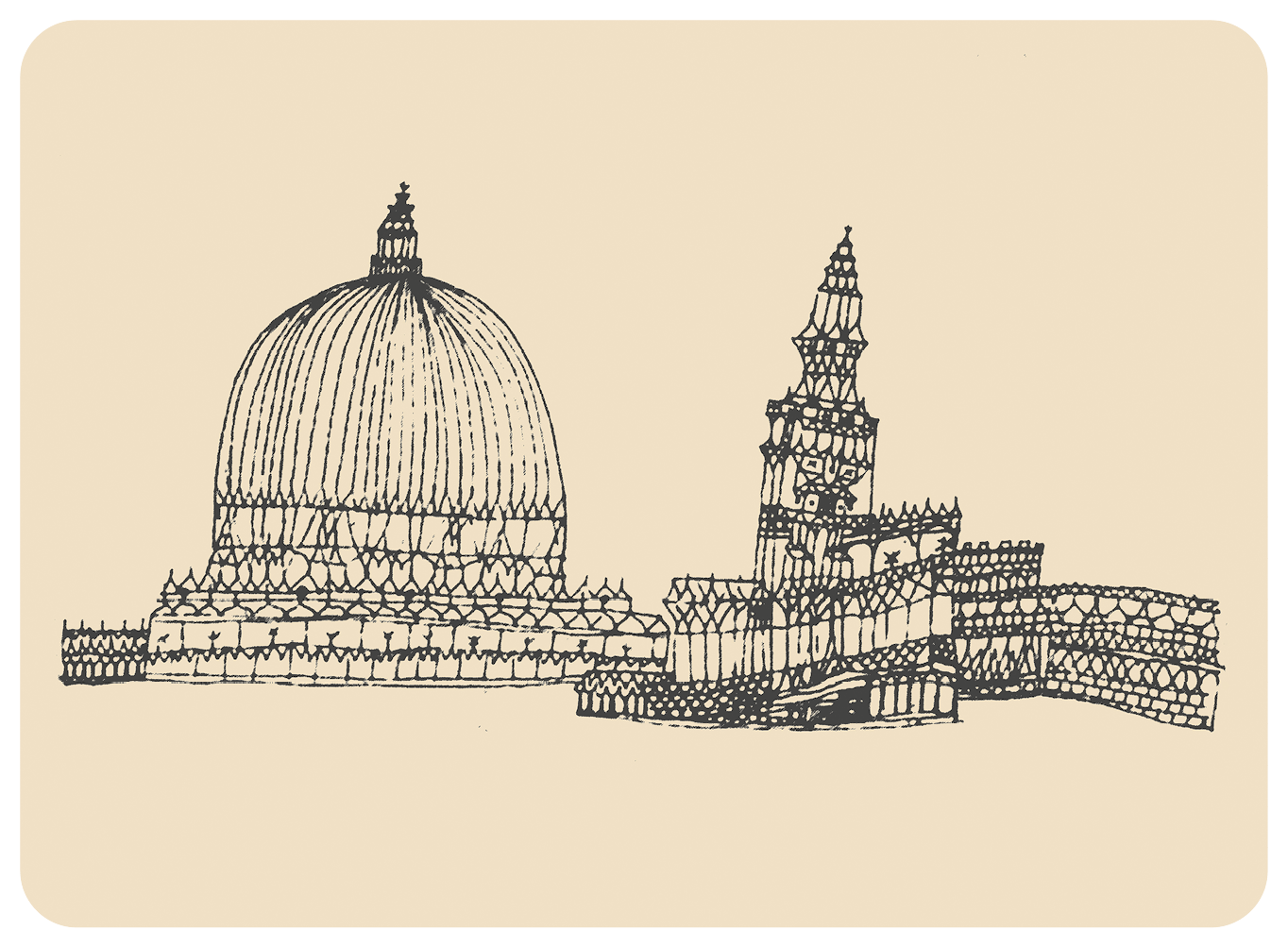 Pintura em preto e branco. Com linhas pretas e finas, à esquerda, desenho de uma construção com teto de cúpula; à direita, uma construção que apresenta uma torre central com teto piramidal.