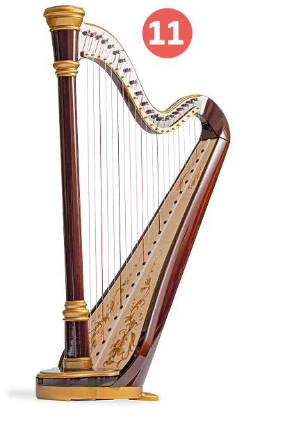 Fotografia número 11. Instrumento que apresenta estrutura de madeira, contornada na parte superior e reta na diagonal na parte inferior; entre essas duas estruturas, há cordas na vertical.