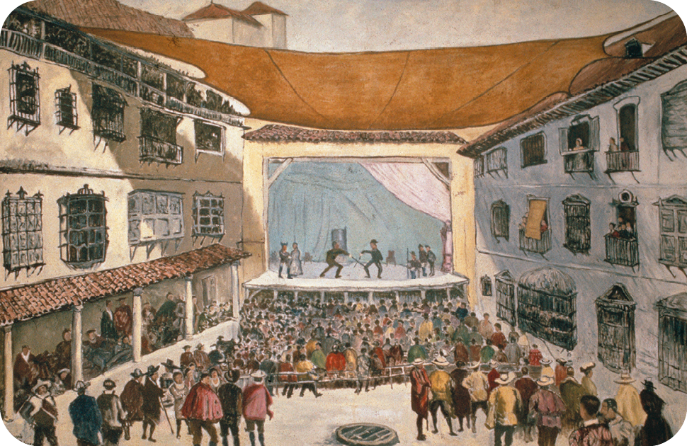 Pintura. Ao centro da imagem, um corredor cercado por prédios de três andares. Ao final dele, diversas pessoas com roupas coloridas assistem a uma apresentação teatral em um palco ao fundo.