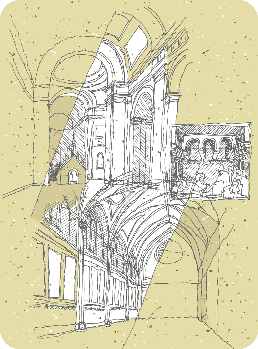 Ilustração. Rascunho em preto e branco que apresenta o interior de uma igreja com linhas curvas, colunas e teto arqueado.  Na parte central direita, destaque para uma cena da realização de uma missa.
