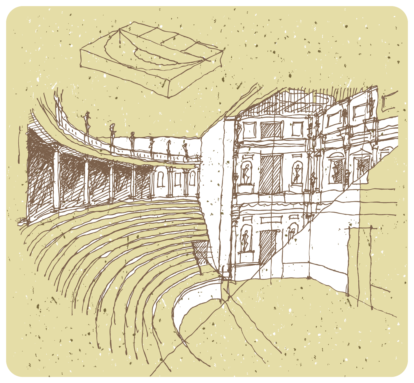 Ilustração. Rascunho em preto e branco que apresenta o interior de um anfiteatro com assento em arquibancada com linhas curvas à esquerda e uma construção que possui diferentes pisos e janelas com formas arqueadas à direita.