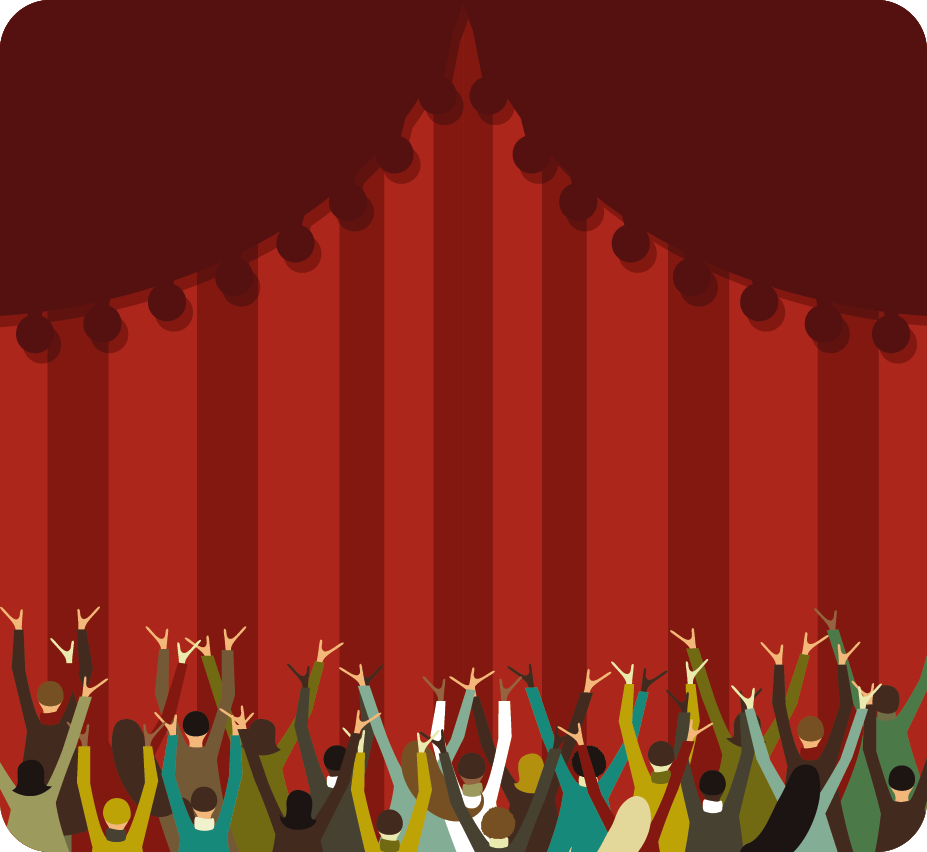 Ilustração. Uma plateia em pé com as mãos erguidas e abertas para cima está diante de um palco com cortinas vermelhas fechadas.