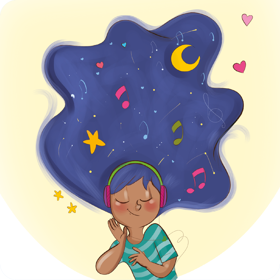 Ilustração. Uma criança vestindo blusa azul listrada está de headphones e com os olhos fechados. Atrás dela, uma forma de nuvem azul escura com alguns elementos dentro, como lua, estrelas e notas musicais.