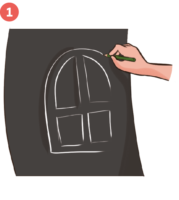 Ilustração número 1. Destaque das mãos de uma pessoa que desenha uma janela arqueada em linhas brancas sobre uma cartolina preta. A janela apresenta quadro vitrais, dois acima e dois abaixo.