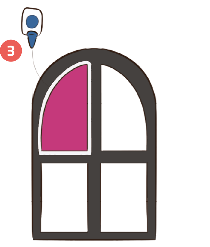 Ilustração número 3. Destaque para uma janela recortada de uma cartolina preta. Na parte superior esquerda, um dos vitrais é composto de papel rosa. O espaço dos outros três vitrais está vazio. Sobre a janela, há um tubo de cola.