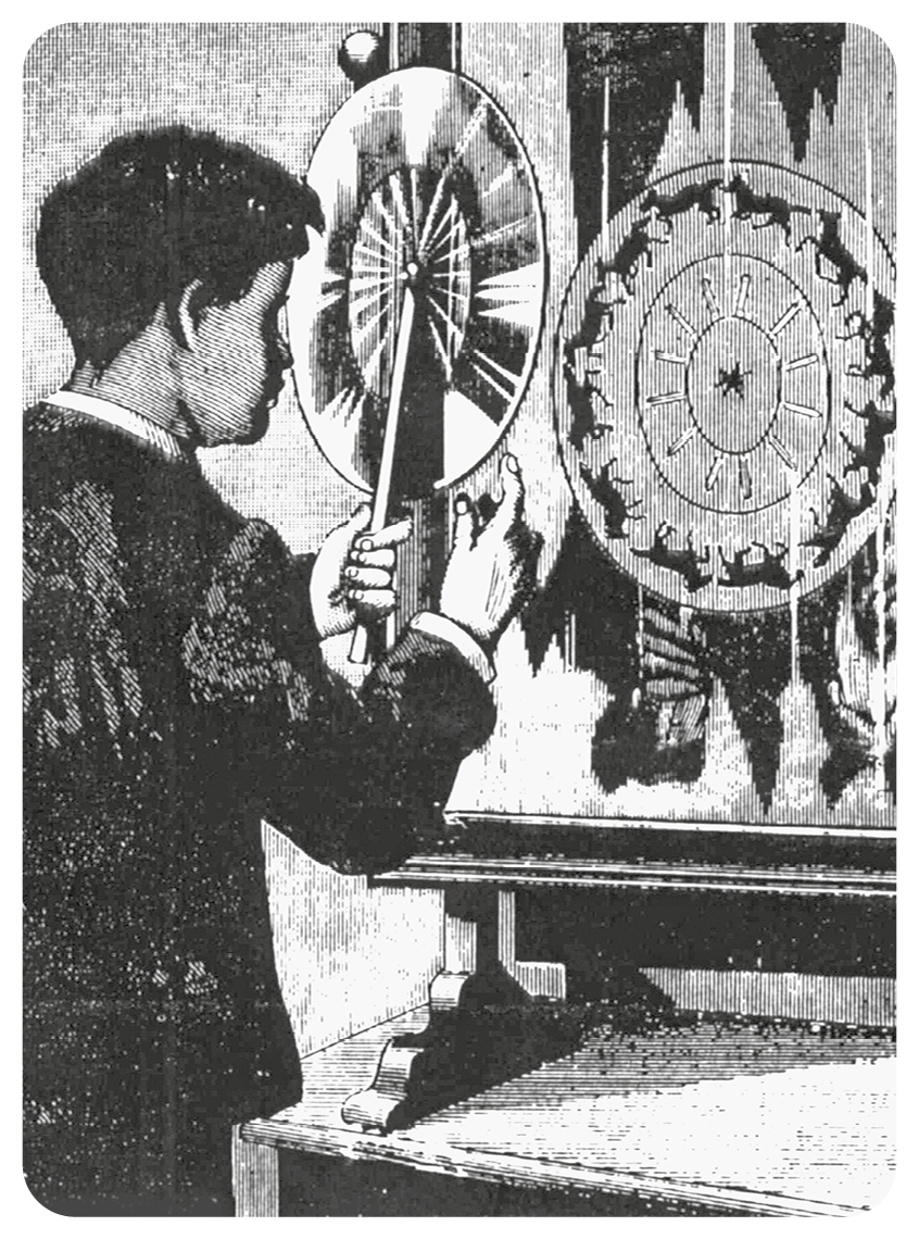 Ilustração em preto e branco. Um homem em pé diante de um espelho enquanto segura uma haste fixa com um objeto circular com disco giratório e desenhos semelhantes em sua superfície.