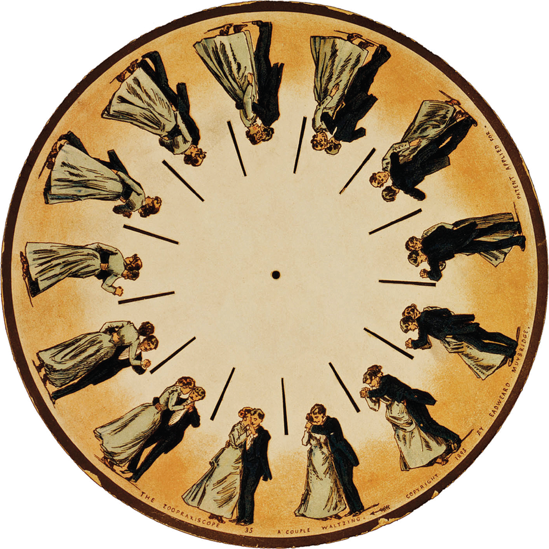 Fenaquistoscópio. Ilustração. Um círculo dentro do qual há treze riscos que delimitam a reprodução de um casal que usa trajes formais de gala e dançam juntos. A cada reprodução, eles estão em um movimento do passo.