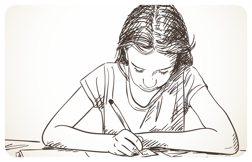 Ilustração em preto e branco. Vista frontal e da cintura pra cima de uma menina de nariz largo e cabelos penteados para o lado. Ela está sentada diante de uma mesa escrevendo em uma folha.