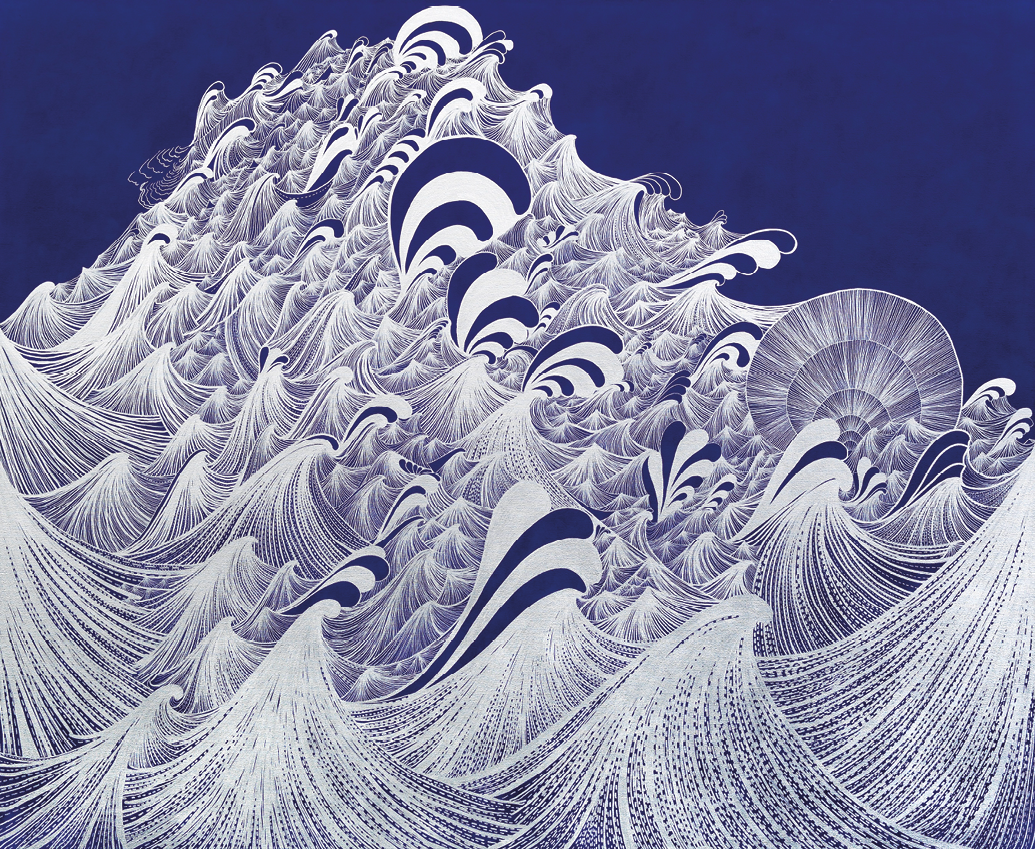 Pintura. Sobre um fundo azul, há diversas ondas feitas em linhas curvas brancas sobrepostas, formando alguns arcos nas cores sólidas azul e branco.