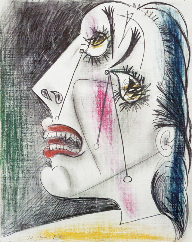 Pintura. Destaque do rosto de uma mulher com traços distorcidos e fragmentados. Ela está de perfil, possui cabelo com fios sombreados e azulado, os olhos são tortos e a boca vermelha aberta, mostrando os dentes. Ao fundo, linhas pretas.