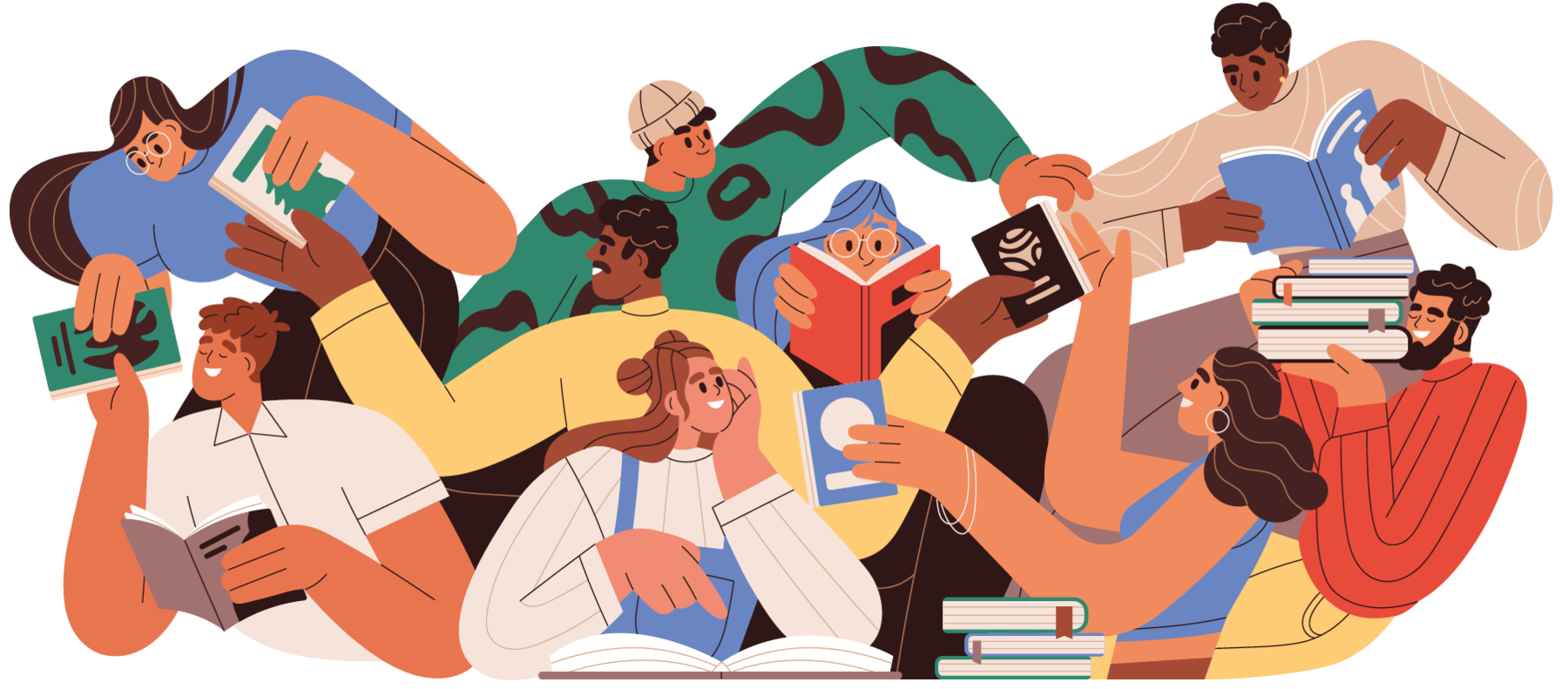 Ilustração. Um grupo de jovens com diferentes características físicas sorri, lê e troca livros entre si.