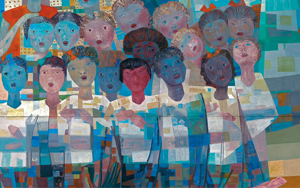 Pintura. Em tons de azul, destaque de um grupo de crianças de diferentes características físicas lado a lado que estão com as bocas semiabertas.