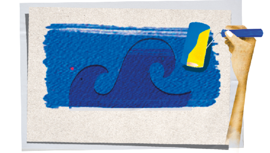 Ilustração. Destaque da mão de uma pessoa passando um rolo de tinta azul sobre a folha onde o desenho de uma onda foi recortado.