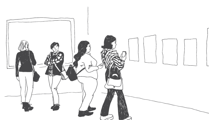 Ilustração. Em linhas finas e pretas, desenho de quatro mulheres usando bolsas e vestindo roupas com tons de preto e branco. Elas estão contemplando quadros expostos e fixados nas paredes.