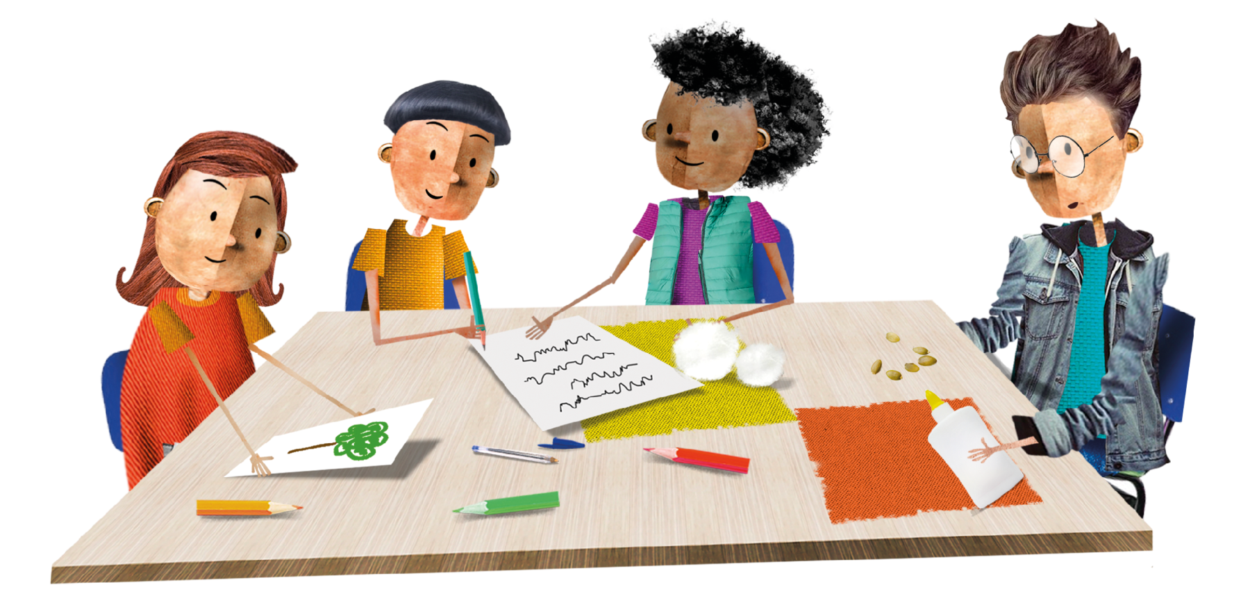 Ilustração. Quatro crianças com características diversas estão sentadas ao redor de uma mesa quadriculada e realizam em grupo uma atividade com papéis, cola, grãos, lápis coloridos e caneta.