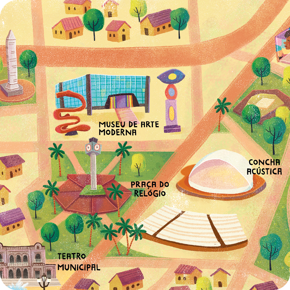 Ilustração. Destaque de um mapa ilustrado que apresenta uma área urbana com destaque para espaços diversos, como MUSEU DE ARTE MODERNA, PRAÇA DO RELÓGIO, TEATRO MUNICIPAL e CONCHA ACÚSTICA.