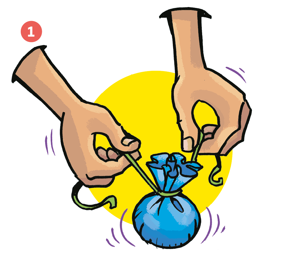 Ilustração 1. Destaque das mãos de uma pessoa que amarra um barbante em torno de uma trouxa de tecido azul.