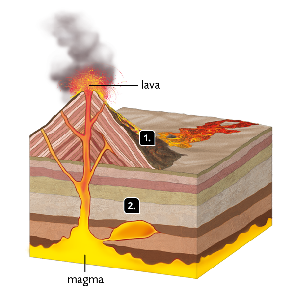 Ilustração com o recorte de um vulcão. Abaixo, camadas rochosas e na parte inferior, magma. Parte do magma sobe para a superfície, chegando ao topo do vulcão onde a lava escorre pela superfície terrestre. Indicado pelo número 1, na base do vulcão há rochas marrom-escuras. E indicado pelo número 2, parte do magma permanece no interior das camadas rochosas.