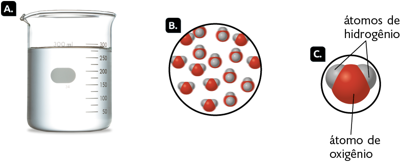 Esquema. Item A. Um recipiente de 300 mililitros com água dentro. Item B. Muitas moléculas compostas por átomos de oxigênio no centro, e nas laterais, átomos de hidrogênio. Item C. Um átomo de oxigênio no centro e, nas laterais, dois átomos de hidrogênio. Os átomos são arredondados.