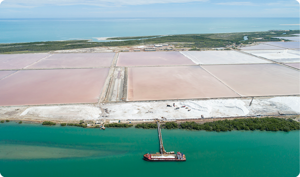 Fotografia. Vista aérea de uma salina. Um corpo d'água com uma estrutura retangular na superfície com elemento branco dentro. Nas margens, vegetação. Ao fundo, no chão, elemento branco e grandes blocos quadrados e planos.