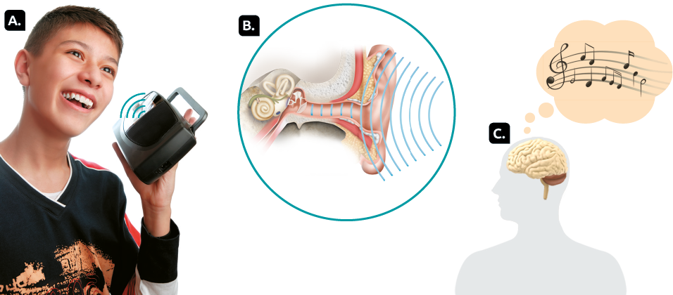 Fotografia e ilustrações. Marcada com a letra A, uma pessoa sorridente segurando um rádio próximo à orelha. Marcada com a letra B, destaque para a silhueta de uma orelha com ondas sonoras próximas e em seu interior. Marcada com a letra C, destaque para a silhueta de uma pessoa representada do peito para cima, com destaque no encéfalo. Acima da cabeça, há um balão de pensamento com o desenho de partituras musicais.