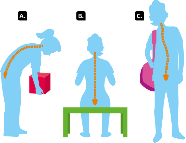 Ilustrações. À esquerda, ilustração A com a silhueta de uma pessoa em pé, com as pernas esticadas e a coluna curvada para frente, segurando uma caixa; destaque para a coluna vertebral com curvatura acentuada. Ao lado, ilustração B com a Silhueta de uma pessoa sentada em um banco, com destaque para a coluna vertebral reta. E ao lado a ilustração C, com a silhueta de pessoa em pé, com uma bolsa pendurada sobre o ombro direito e com a cabeça curvada para a direita; destaque para coluna vertebral com curvatura acentuada para a direita na parte superior.  