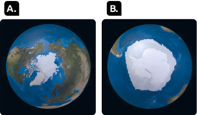 Ilustrações. A. Planeta Terra que é azul, com trechos de terra esverdeada e, no centro, um pequeno trecho branco. B. Planeta Terra que é azul, com trecho arredondado e branco que ocupa grande parte da Terra.