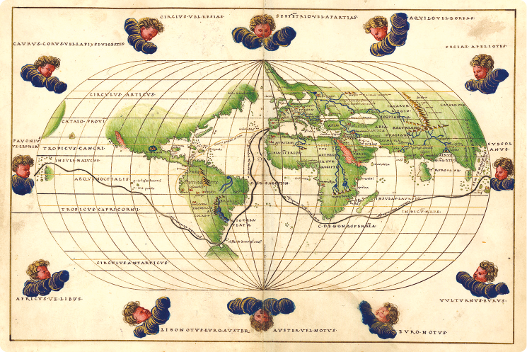 Mapa do mundo com os continentes em verde. Uma linha indica a rota de circum-navegação que passa por todo o sul da Ásia, África, subindo pela costa oeste da África, descendo em direção à costa Leste da América do Sul, contornando pelo sul e seguindo para oeste. Ao redor, há vários anjos.