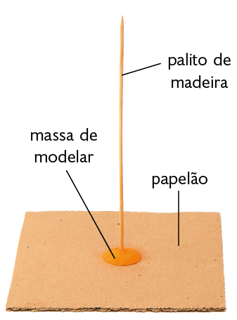 Fotografia. Uma base quadrada de papelão com uma massa de modelar em formato redondo ao centro, com um palito de madeira preso verticalmente.