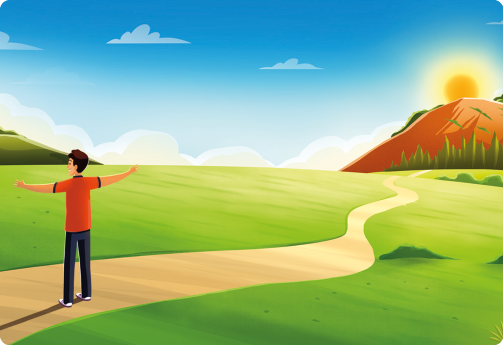 Ilustração. À esquerda, uma pessoa em pé, com os braços abertos e sua sombra projetada à esquerda. Ela está em um caminho de terra que segue para a direita, em direção a uma montanha com o Sol ao fundo. O céu está azul com nuvens claras.