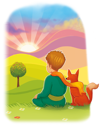 Ilustração. Um menino usando um lenço no pescoço, ao seu lado uma raposa, com longa cauda e orelhas pontudas; sentados de costas, em um lugar gramado, amplo, com árvores e montanhas. Eles estão olhando para o horizonte, em direção ao Sol, entre montanhas.