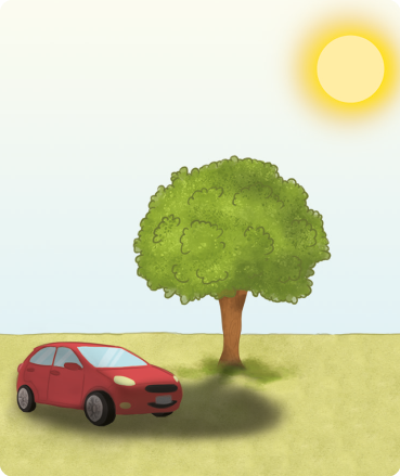 Ilustração. À esquerda, um carro; ao centro uma árvore com sua sombra projetada para frente, encobrindo apenas uma parte do carro. No canto superior direito, o Sol.