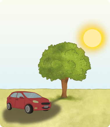 Ilustração. À esquerda, um carro; ao centro uma árvore com sua sombra projetada para esquerda encobrindo totalmente o carro. No canto superior direito, o Sol.