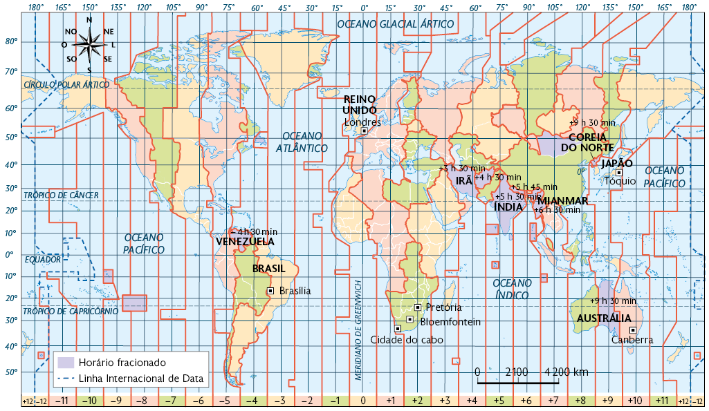 Mapa com todos os continentes e os oceanos. Há 24 faixas alaranjadas verticais que cortam todas as regiões do mapa, sendo a faixa 0, ao centro, o Meridiano de Greenwich, as faixas a leste do meridiano variam de mais 1 a mais 12, e, as faixas a oeste do meridiano, variam de menos 1 a menos 12. Quatro dessas faixas em laranja cruza o Brasil. As linhas pontilhadas verticais, ao oeste e a leste, indicam a linha internacional de Data. Pontos destacados nos oceanos e continentes indicam o horário fracionado, da seguinte maneira: Venezuela: menos 4 horas e 30 minutos. Irã: mais 3 horas e 30 minutos (ao norte), mais 4 horas e 30 minutos (ao leste). Índia: mais 5 horas e 30 minutos, mais 5 horas e 45 minutos (região nordeste). Mianmar: mais 6 horas e 30 minutos. Coreia do Norte: mais 9 horas e 30 minutos. No canto superior esquerdo, a rosa dos ventos. No canto inferior direito, escala 4.200 quilômetros por centímetro. 