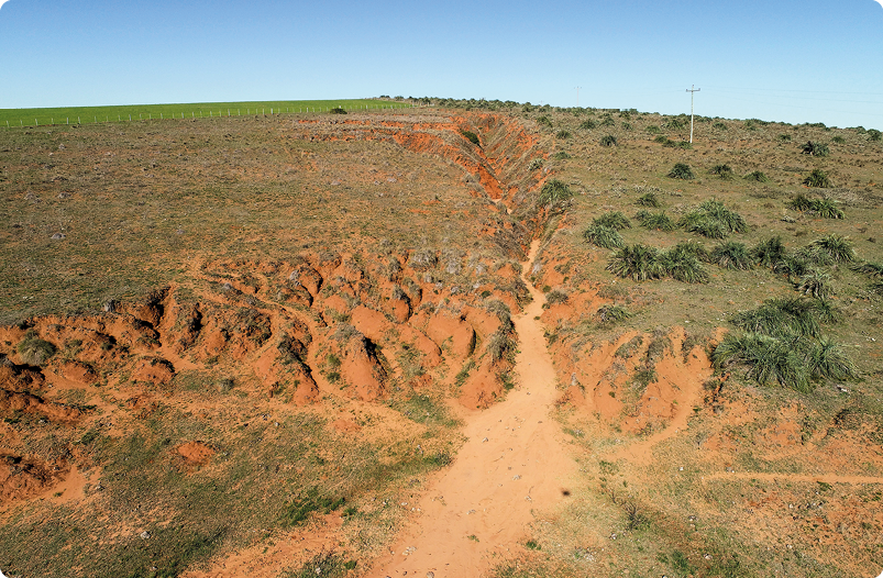Fotografia. Vista aérea de uma área com muita terra e vegetação rasteira, superfície irregular com declives, presença de fendas e buracos no solo.
