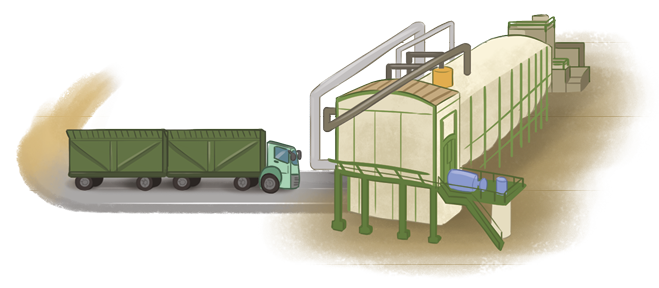 Ilustração. Um caminhão com baú atrás em uma estrada, seguindo em direção a uma construção comprida e com canos em cima.