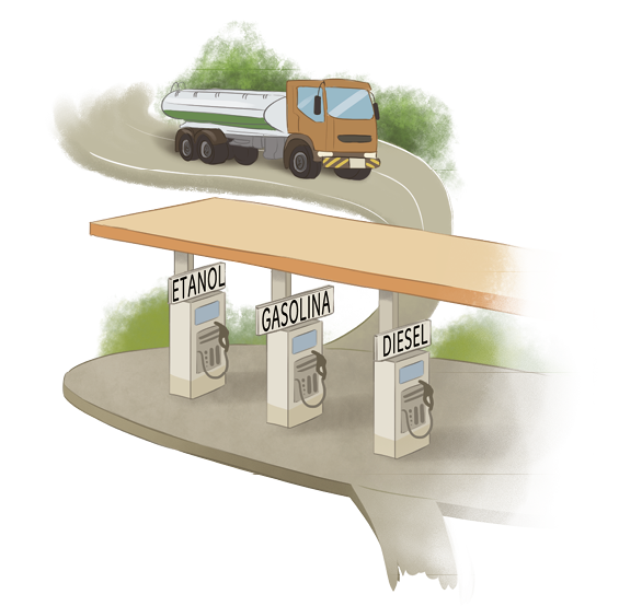 Ilustração. Um caminhão com um tanque grande atrás em uma estrada, seguindo em direção a um posto com etanol, gasolina e diesel.