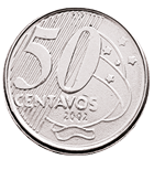 Fotografia de uma moeda de 50 centavos.