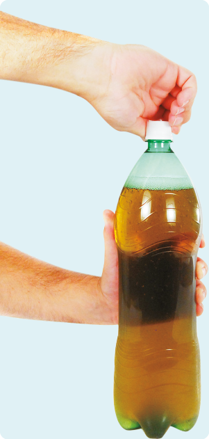 Fotografia. Duas mãos segurando uma garrafa com refrigerante. Há bolhas na parte superior.
