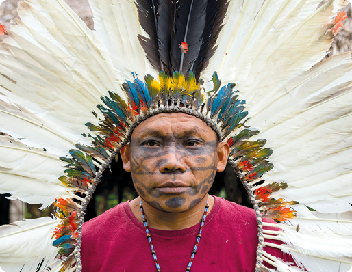 Fotografia. Um homem indígena, representado do peito para cima. Ele usa roupa em cor vinho, colar colorido, tem pintura preta no rosto e usa um grande cocar de penas coloridas, brancas e pretas.