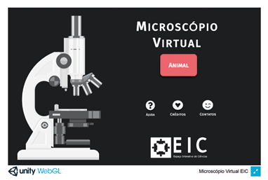 Cartaz. À esquerda, um microscópio. À direita, logotipos e a informação: Microscópio Virtual.
