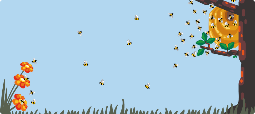Ilustração. Ambiente aberto com grama; à esquerda, flores com abelhas voando ao redor e paradas sobre elas. À direita, parte de uma árvore com uma colmeia pendurada e com muitas abelhas voando ao redor.