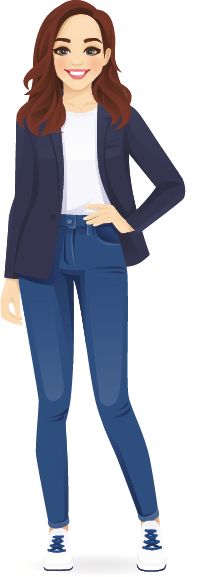 Ilustração. Uma pessoa que está em pé e sorrindo, com a mão esquerda na cintura. Ela tem cabelos castanhos na altura dos ombros e está vestindo uma camiseta branca, um blazer azul, calça jeans e tênis brancos.