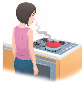 Ilustração. Uma mulher em pé em frente ao fogão, onde há uma panela expelindo fumaça em direção ao seu nariz.