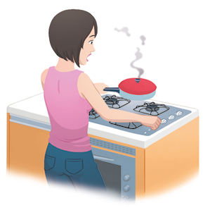 Ilustração. Uma mulher em pé, segurando a panela com fumaça em frente ao fogão.