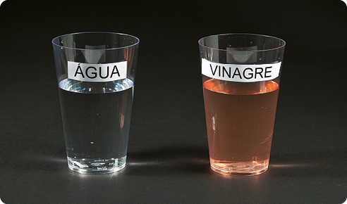Fotografia. Dois copos transparentes e identificados. À esquerda, copo identificado como "água", com líquido transparente. À direita, copo identificado como "vinagre", com líquido, de coloração laranjada.