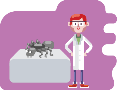 Ilustração. Homem em pé, usando jaleco, óculos, calça e tênis; à sua esquerda, em uma superfície mais alta, um robô que representa uma formiga, em tamanho grande.