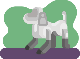 Ilustração. Um robô que representa um cachorro, com orelhas e cauda longas.