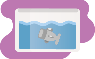Ilustração. No interior de um aquário com água, um robô que representa um peixe. 